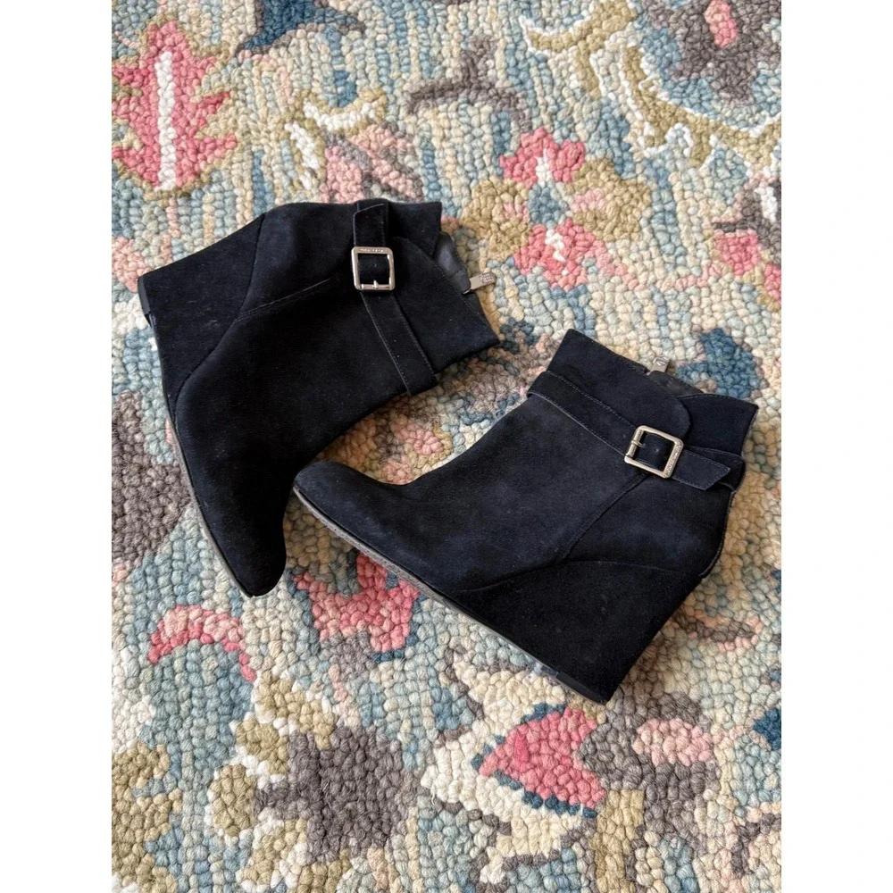 Vince Camuto Dena Black Suede Leather Wedge Buckle Booties 8.5